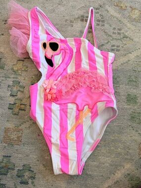 Flapdoodles Pink & White Striped One-Piece Swimsuit with Tulle Ruffle